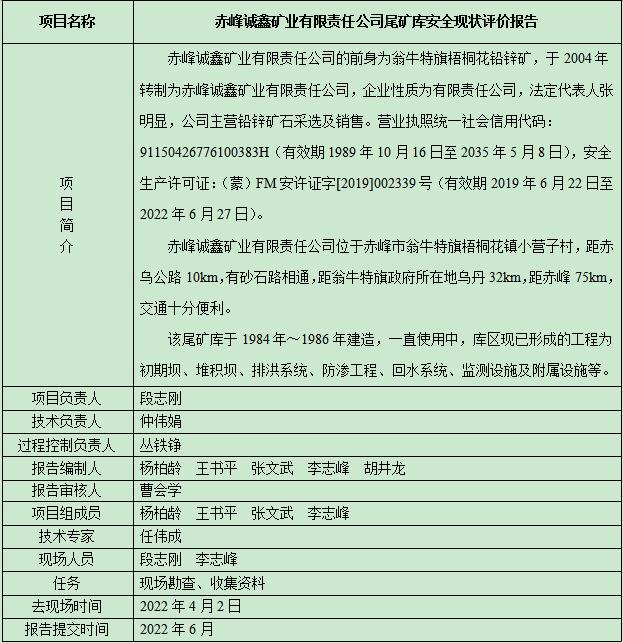 赤峰诚鑫矿业有限责任公司尾矿库安全现状评价报告