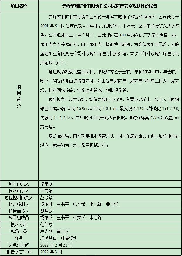 赤峰堃堋矿业有限责任公司尾矿库安全现状评价报告