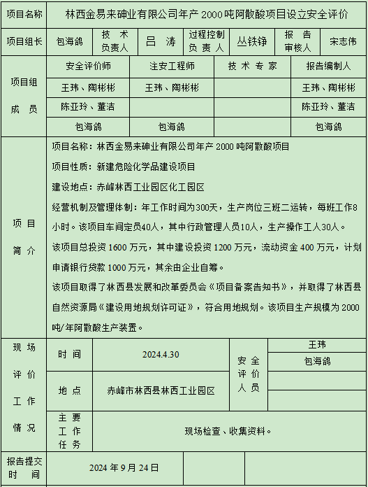 林西金易来砷业有限公司年产2000吨阿散酸项目设立安全评价