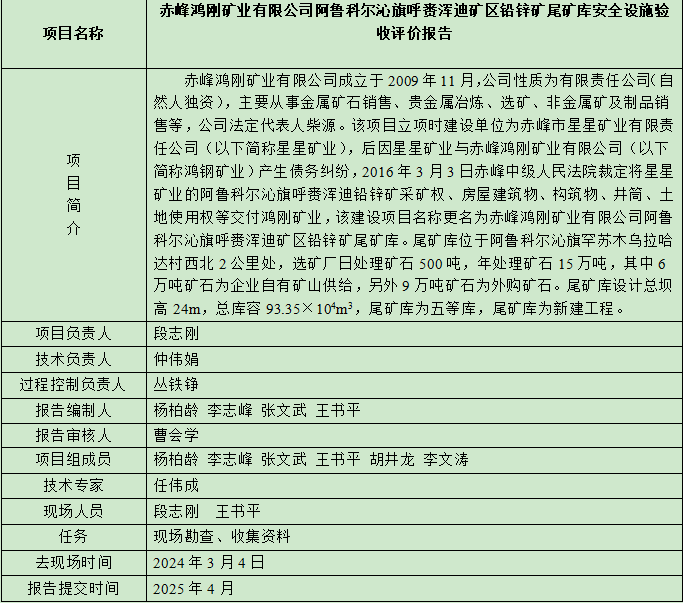 赤峰鸿刚矿业有限公司阿鲁科尔沁旗呼赉浑迪矿区铅锌矿尾矿库安全设施验收评价报告