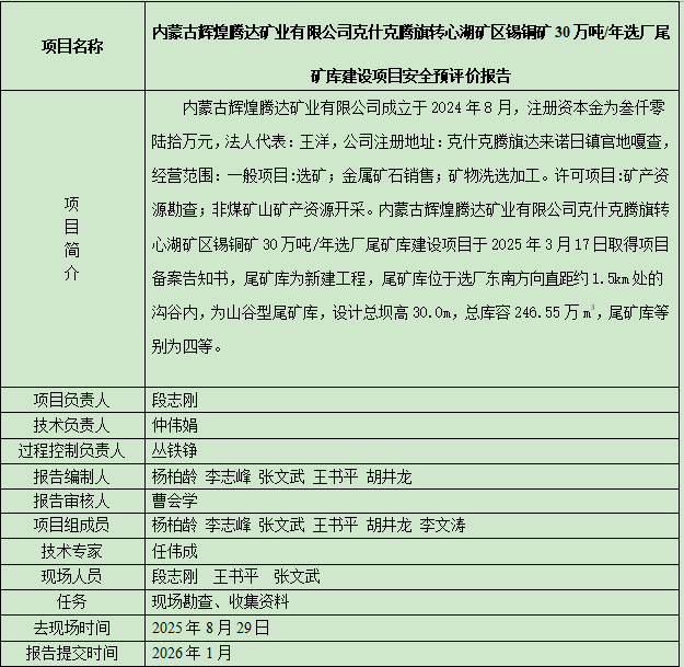 内蒙古辉煌腾达矿业有限公司克什克腾旗转心湖矿区锡铜矿30万吨/年选厂尾矿库建设项目安全预评价报告